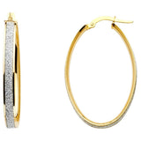 14K Two Tone Gold 4mm Shimmer Satin And Polished Small Oval Sparkling Center Latch And Hinge-Notch Post Backing Medium Hoop Earrings