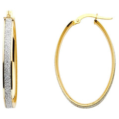 14K Two Tone Gold 4mm Shimmer Satin And Polished Small Oval Sparkling Center Latch And Hinge-Notch Post Backing Medium Hoop Earrings