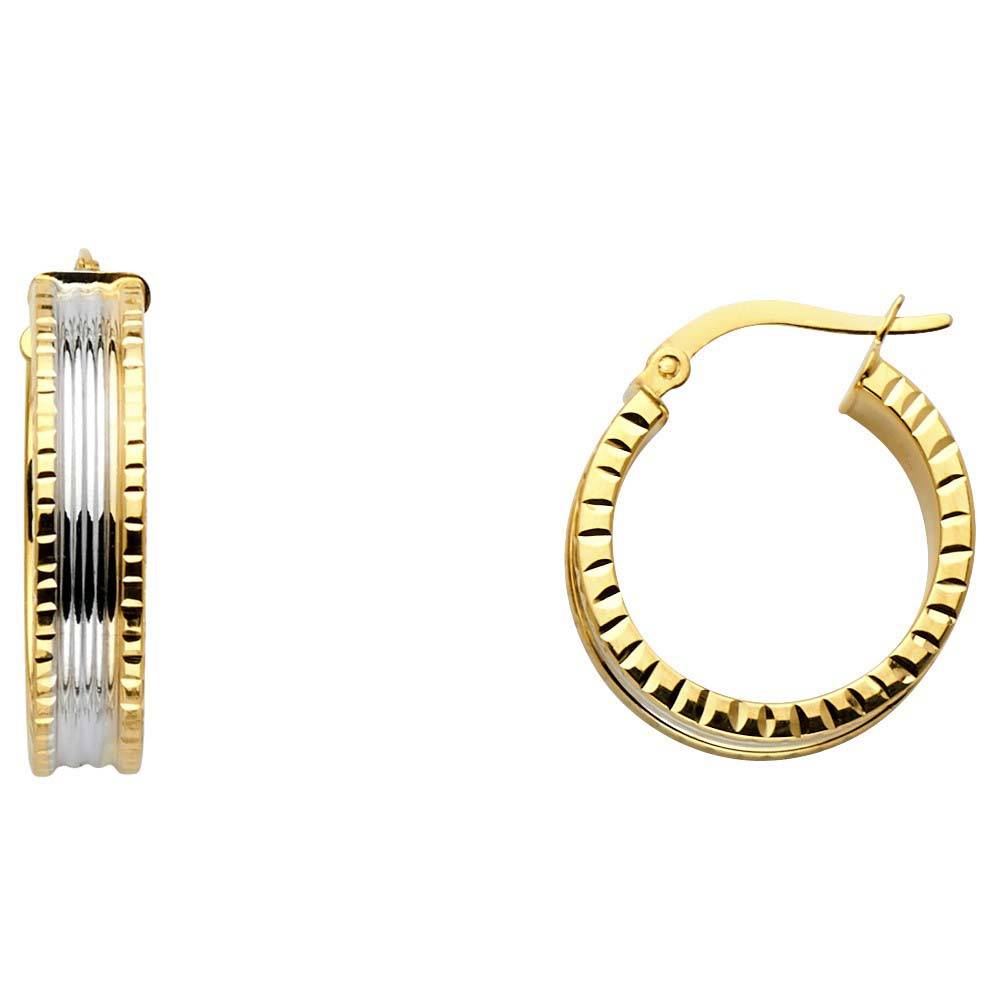 14K Two Tone Gold 6mm Diamond Cut Polished Finish Faceted Wide Small Latch And Hinge-Notch Post Backing Hoop Earrings