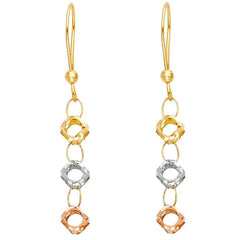 14K Tri Color Perforated Ball Hanging Earrings