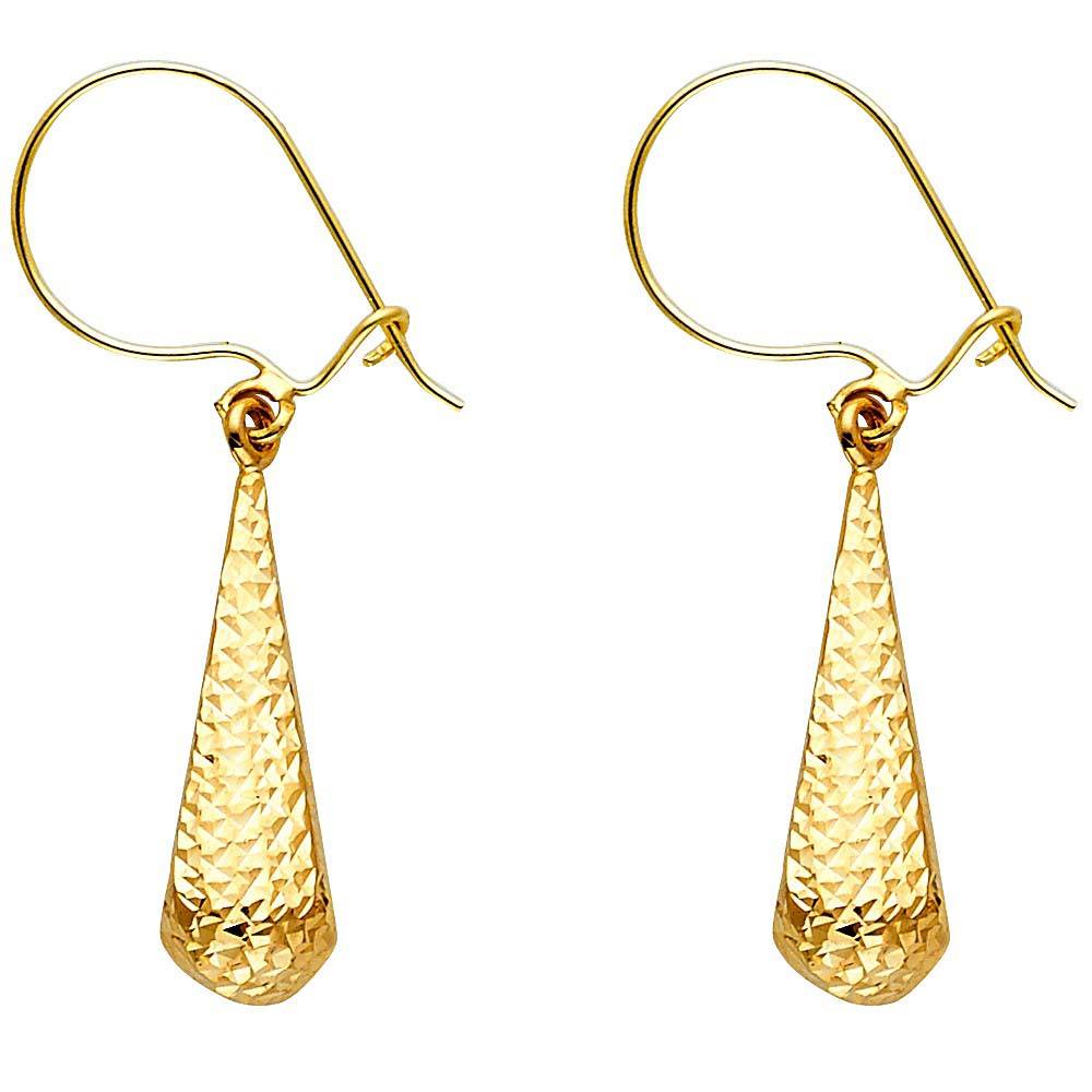 14K Yellow Gold Diamond Cut Hollow Teardrop Hanging Earrings