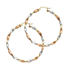 Load image into Gallery viewer, 14K Tri Color Curled Polished And Stain Large Twisted Latch and Hinge-Notch Post Backing Hoop Earrings