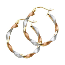 Load image into Gallery viewer, 14K Tri Color Curled Polished And Stain Medium Twisted Latch and Hinge-Notch Post Backing Hoop Earrings