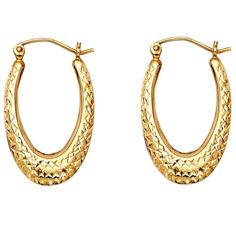14K Yellow Gold Teardrop Medium Diamond Cut Polished Crescent Oval Hollow Latch And Hinge-Notch Post Hoop Earrings