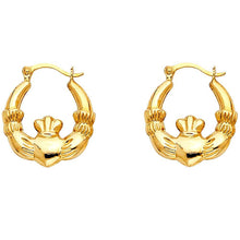 Load image into Gallery viewer, 14k Yellow Gold 15mm Claddagh Hollow Hoop Earrings
