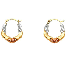 Load image into Gallery viewer, 14k Tri Color Gold 13mm Polished Petite Ribbed Swirl Shell Design Hoop Earrings