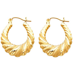 14k Yellow Gold 25mm Polished Medium Oval Ribbed Brushed Hoop Earrings