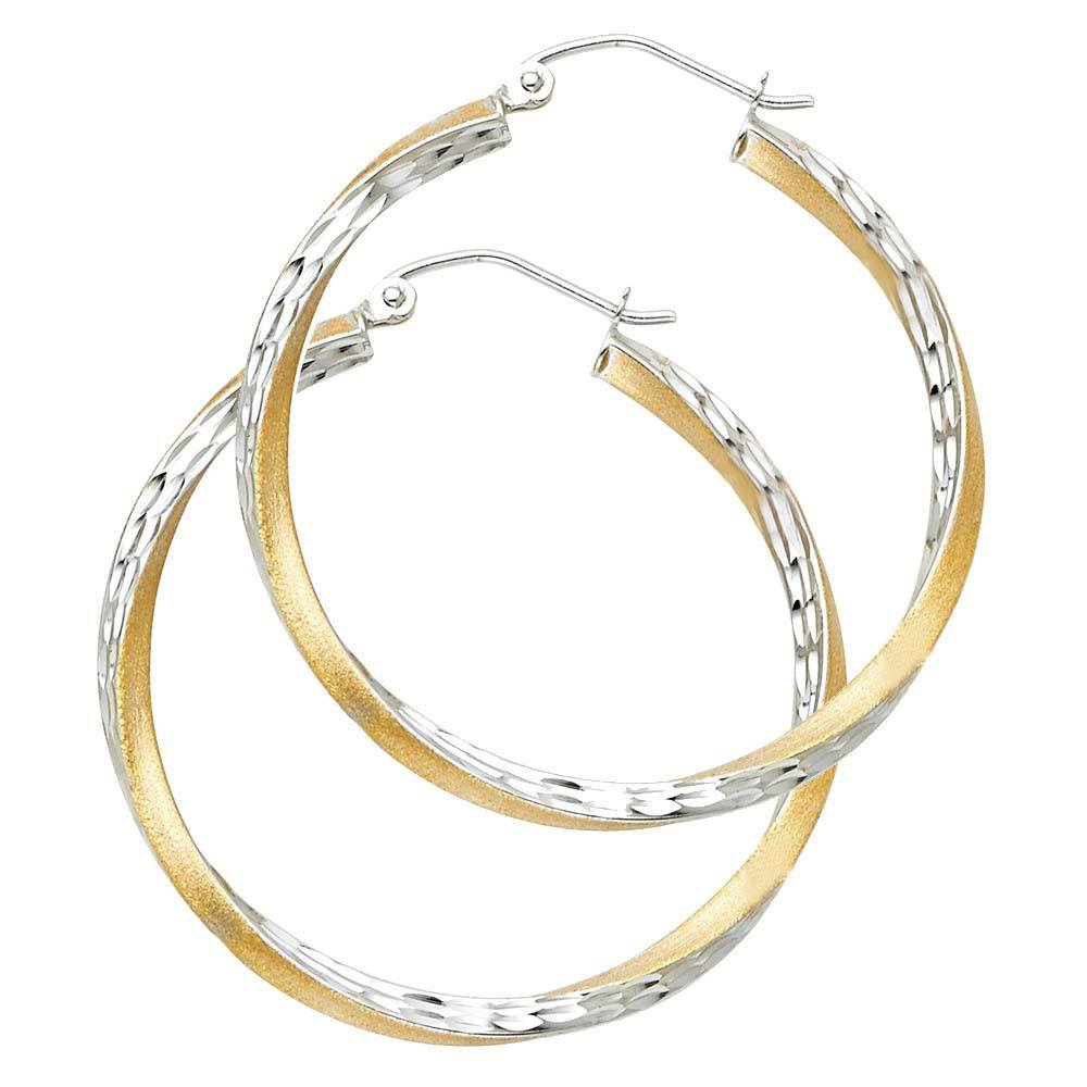 14K Two Tone Gold 2.6mm DC Satin Hoop Earrings