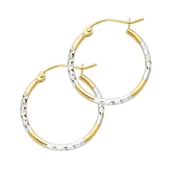 14k Two Tone Gold 1.5mm Medium Rounded Diamond Cut Polished Hoop Earrings