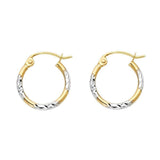 14k Two Tone Gold 1.5mm Petite Crisscross Diamond Cut Glossy Hoop Earrings