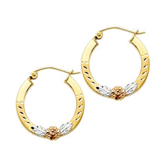 14k Tri Color Gold Polished Petite Small Flower Hinge Hoop Earrings