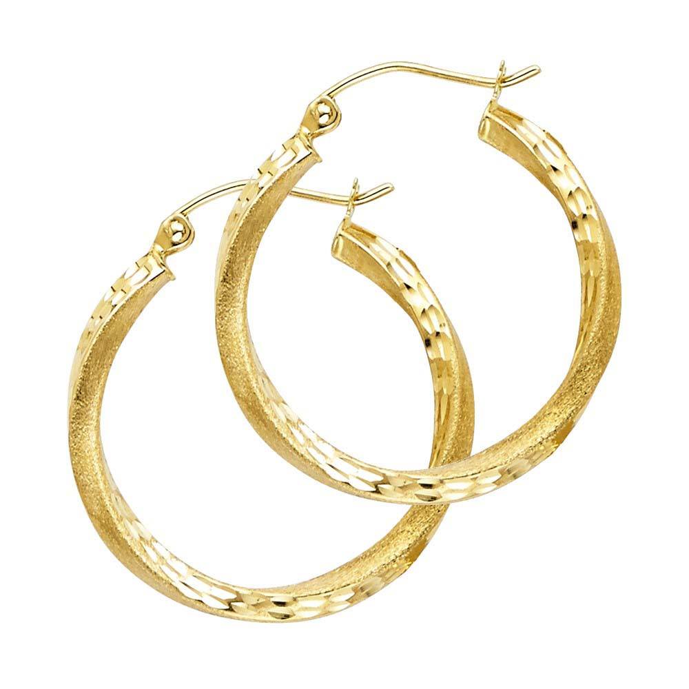 14K Yellow Gold 2.6mm DC Satin Hoop Earrings