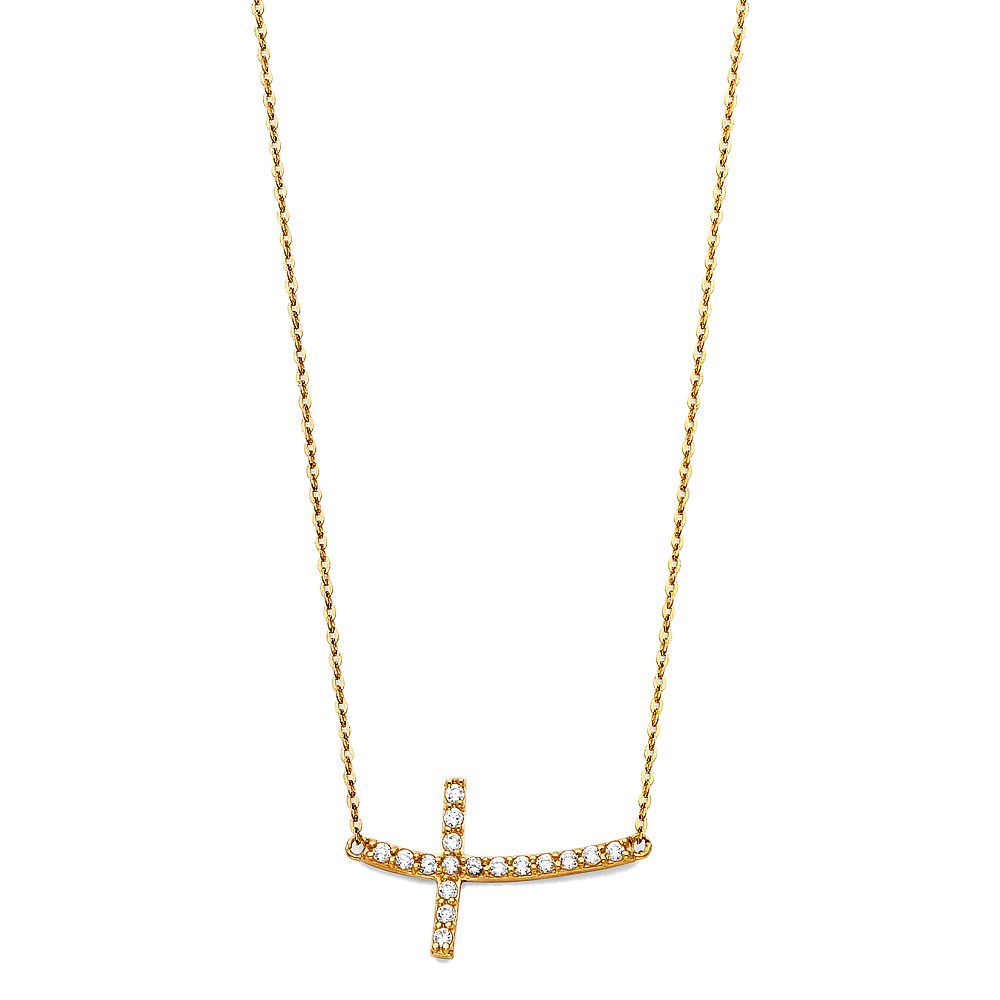 14K Yellow Bended CZ Sideways Cross Necklace