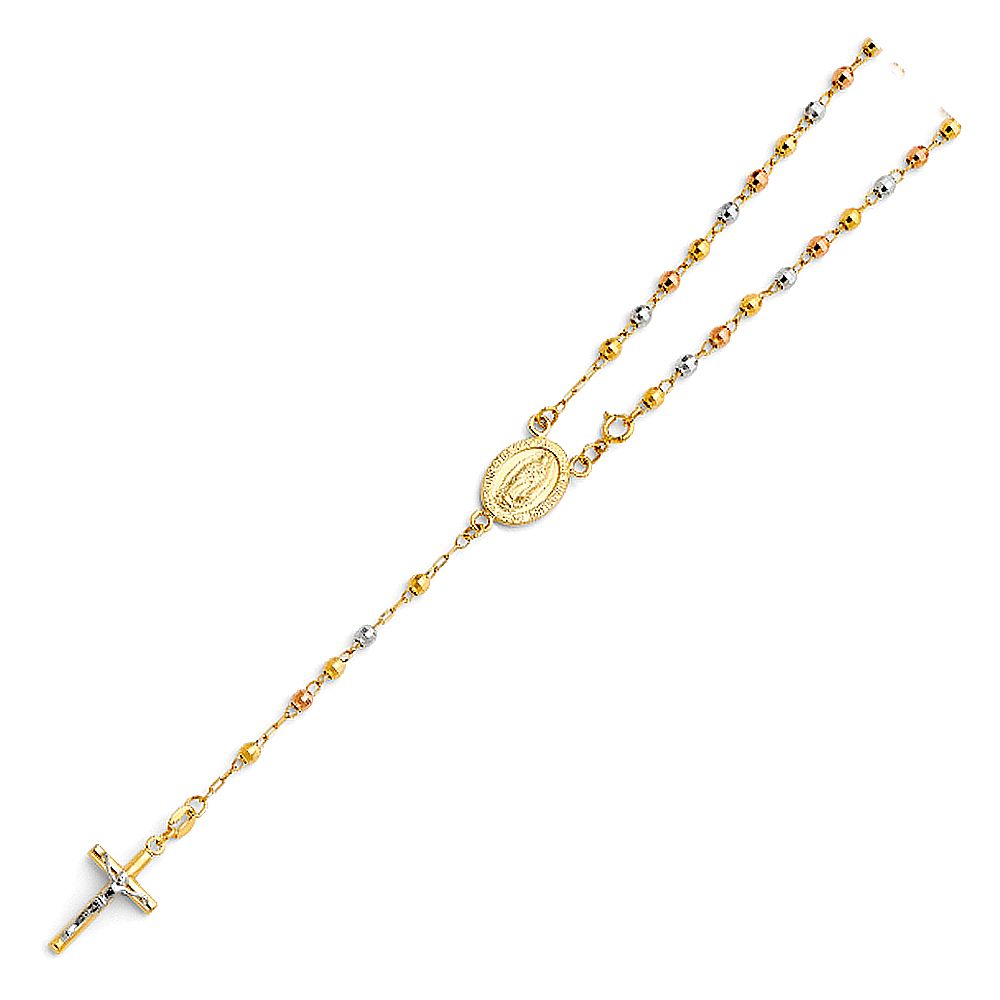14K Tricolor 3mm Ball Rosary Necklace--Length 18"