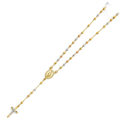 14K Tricolor 3mm Beads Ball Rosary Necklace, Length 18
