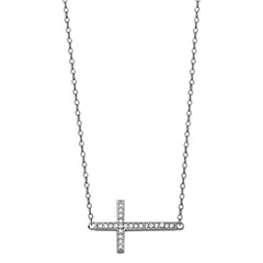 14K White CZ Side Way Cross Necklace