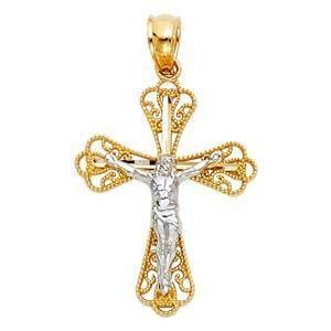 14K Gold 18mm Two Tone Cross Religious Pendant - silverdepot