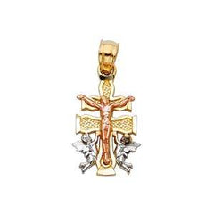 14k Tri Color Gold 10mm 3C Jesus Crucifix Cross With Angel Religious Pendant