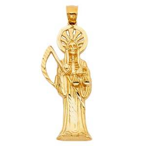 14K Yellow Gold 20mm Religious Santa Muerte Pendant