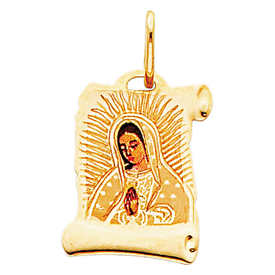 14K Yellow Gold 13mm Guadalupe Enamel Picture Religious Pendant