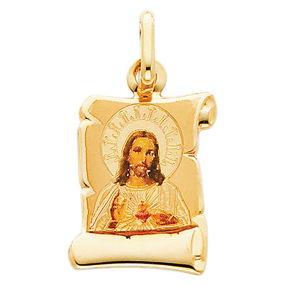 14K Yellow Gold 13mm Jesus Heart Enamel Picture Religious Pendant