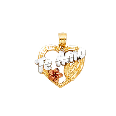 14k Tri Color Gold Te Amo Heart With Flower Pendant