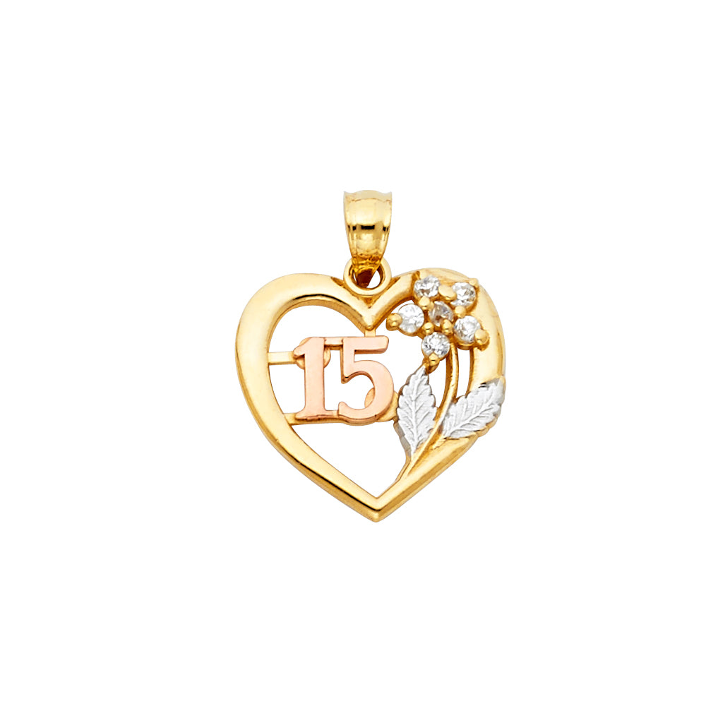 14K Tri Color Sweet 15 Years Heart Pendant