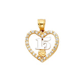 14K Tri Color Sweet 15 Years Heart Pendant