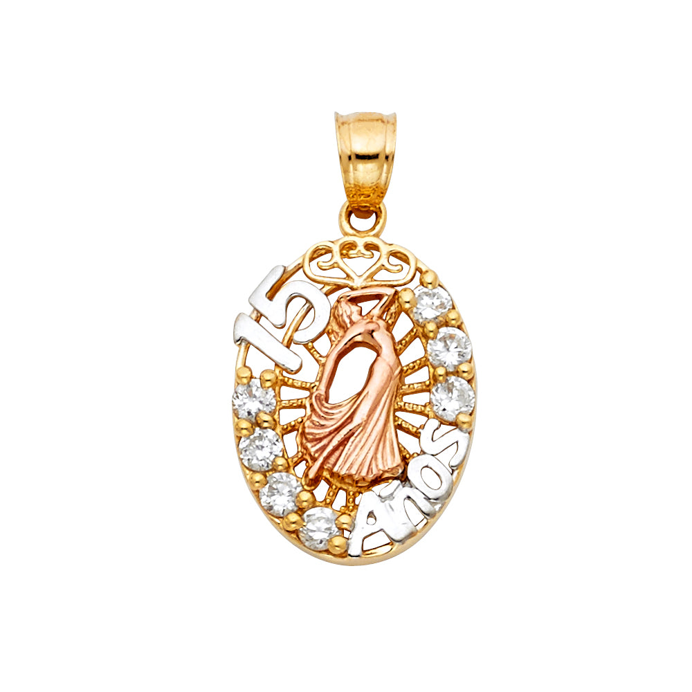 14K Tri Color Sweet 15 Years Heart Pendant