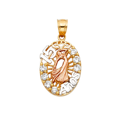 14K Tri Color Sweet 15 Years Heart Pendant