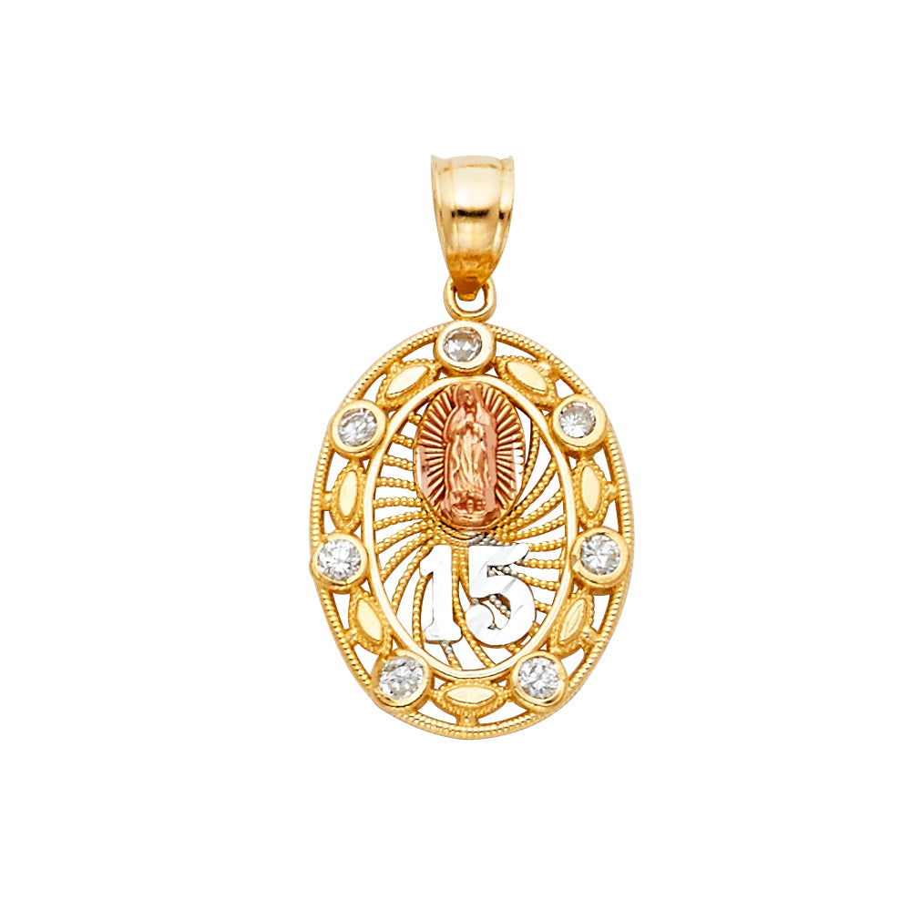 14K Tri Color Sweet 15 Years Heart Pendant