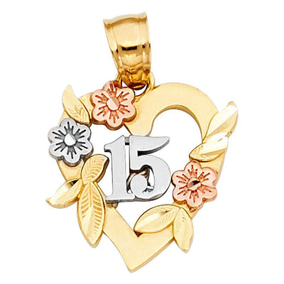 14K Tri Color 15mm 15 Years Years Heart Pendant - silverdepot