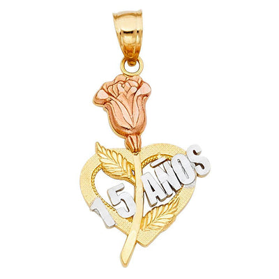 14K Tri Color 17mm 15 Years Years Heart Pendant - silverdepot