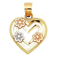 14k Tri Color Gold 13mm Flower in Heart Assorted Pendant