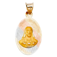 14K Tri Color 13mm DC Religious Jesus with Heart Stamp Pendant