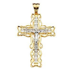14K Yellow Gold Two Tone 44mm Religious Crucifix Pendant