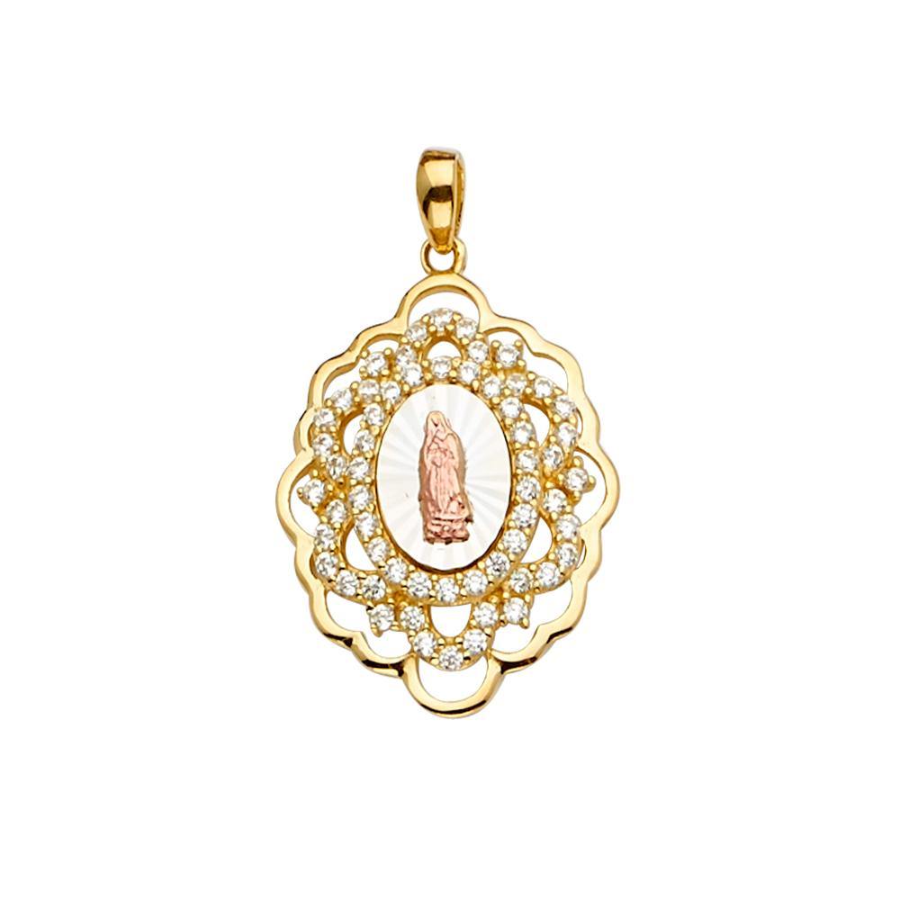 14K Tri Color 18mm CZ Religious Guadalupe Medal Pendant - silverdepot