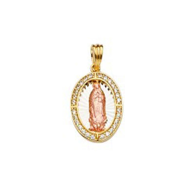 14K Tri Color 12mm CZ Religious Guadalupe Medal Pendant - silverdepot