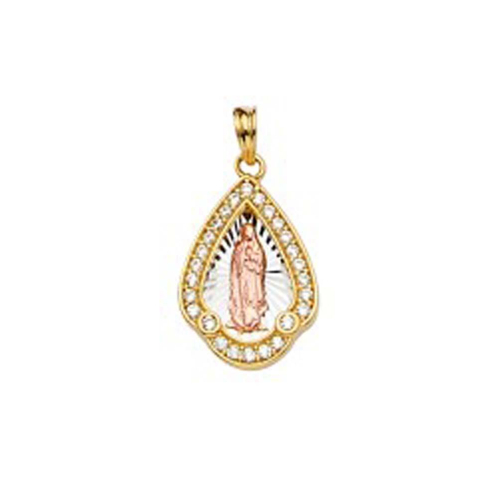 14K Tri Color 12mm CZ Religious Guadalupe Medal Pendant - silverdepot