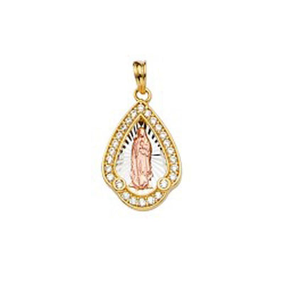 14K Tri Color 12mm CZ Religious Guadalupe Medal Pendant - silverdepot