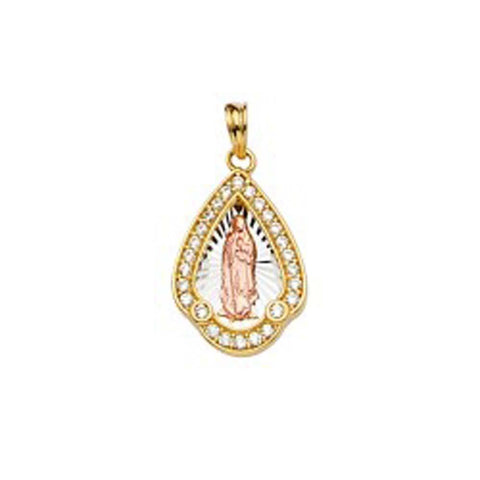 14K Tri Color 12mm CZ Religious Guadalupe Medal Pendant