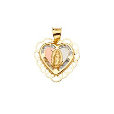 14K Tri Color 17mm CZ Religious Guadalupe Medal Pendant - silverdepot
