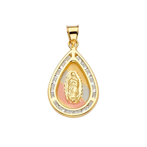 14K Tri Color 15mm CZ Religious Guadalupe Medal Pendant