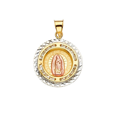 14K Tri Color 18mm CZ Religious Guadalupe Medal Pendant - silverdepot