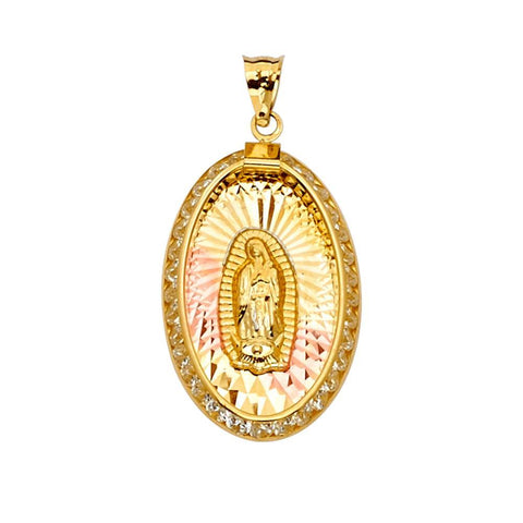 14K Tri Color 16mm CZ Religious Guadalupe Medal Pendant