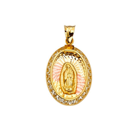 14K Tri Color 14mm CZ Religious Guadalupe Medal Pendant
