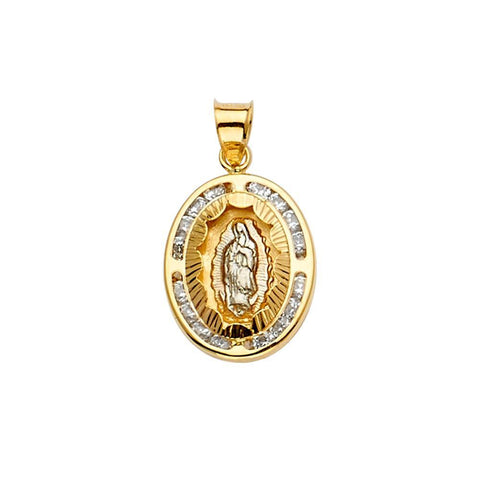 14K Tri Color 12mm CZ Religious Guadalupe Medal Pendant