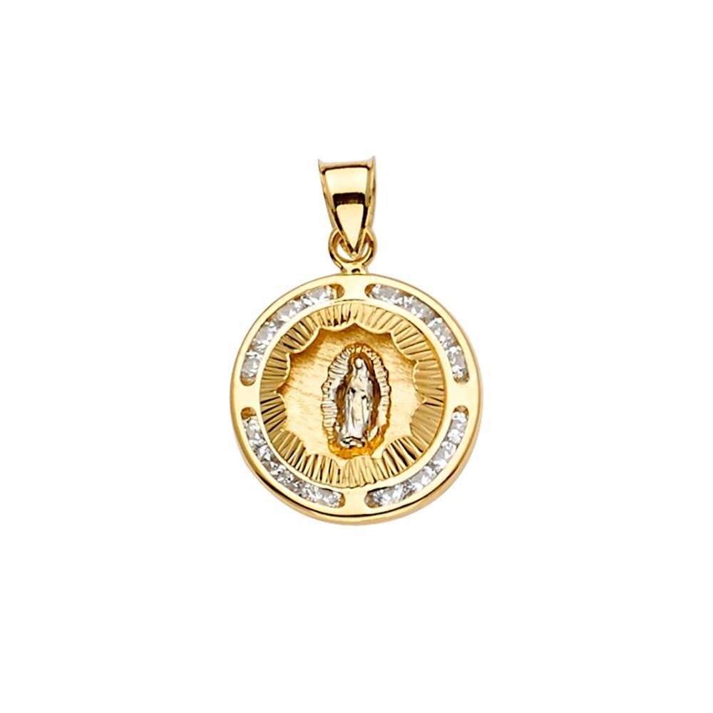14K Tri Color 15mm CZ Religious Guadalupe Medal Pendant - silverdepot