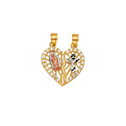 14K Tri Color 19mm Heart CZ Religious Guadalupe Cross Pendant
