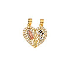 14K Tri Color 19mm Heart CZ Religious Guadalupe Cross Pendant